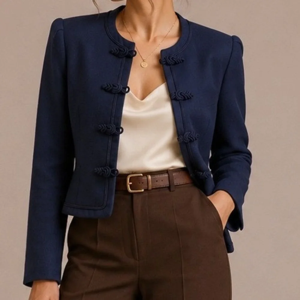 Vintage Navy Linen Cropped Jacket Frog Toggle Closure Military Style Small